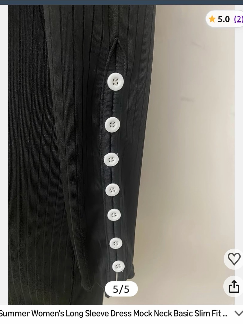 Black Ribbed Mock-Neck Bodycon Dress with Pearl-Sleeve Detail - Picture 4 of 4
